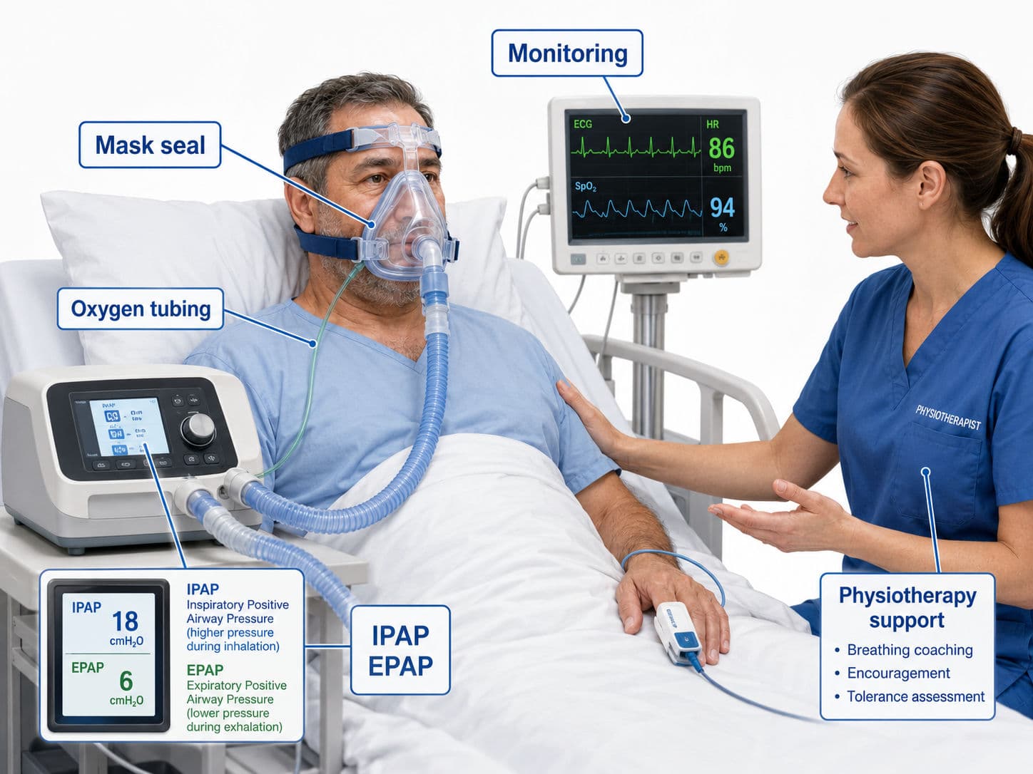 Non-Invasive Ventilation and Physiotherapy: Indications, Settings and Weaning